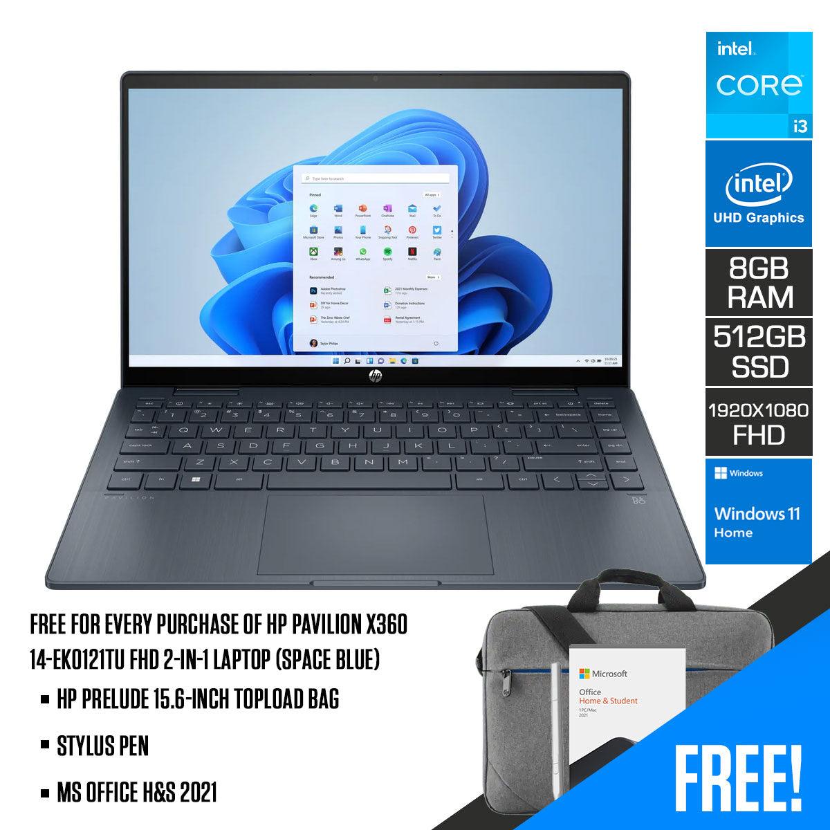 HP Pavilion X360 14-EK0121TU FHD 2-IN-1 Laptop (Space Blue) | 14" FHD | i3-1215U | 8 GB RAM | 512 GB SSD | Intel® UHD Graphics | Windows 11 Home | MS Office H&S 2021 | Stylus Pen | HP Prelude 15.6-Inch Topload Bag - DataBlitz
