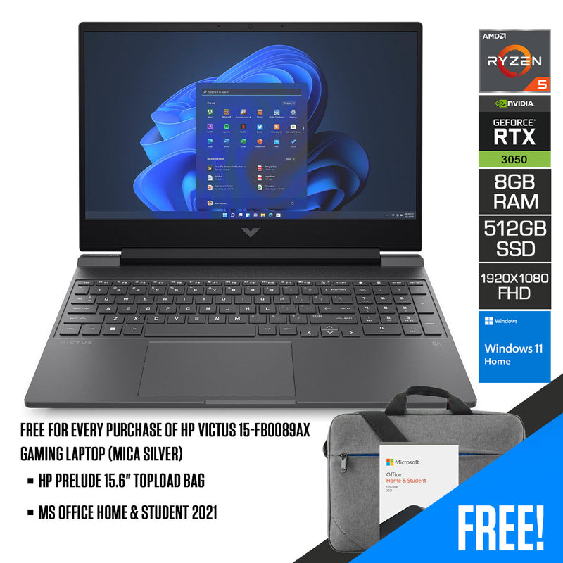 HP Victus 15-FB0089AX Gaming Laptop (Mica Silver) | 15.6" FHD (1920 x 1080) | Ryzen 5 5600H | 8GB RAM | 512GB SSD | RTX 3050 | Windows 11 | MS Office Home & Student 2021 | HP Prelude 15.6" Topload Bag