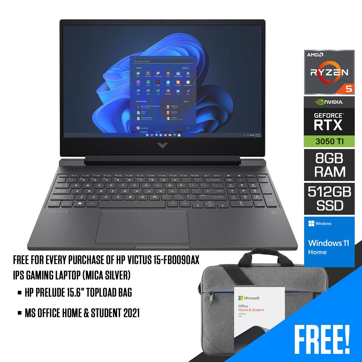 HP Victus 15-FB0090AX IPS Gaming Laptop (Mica Silver) | 15.6" FHD | Ryzen™ 5 5600H | 8 GB DDR4 | 512 GB SSD | RTX™ 3050 Ti | Windows 11 | MS Office Home & Student 2021 | HP Prelude 15.6” Topload Bag - DataBlitz