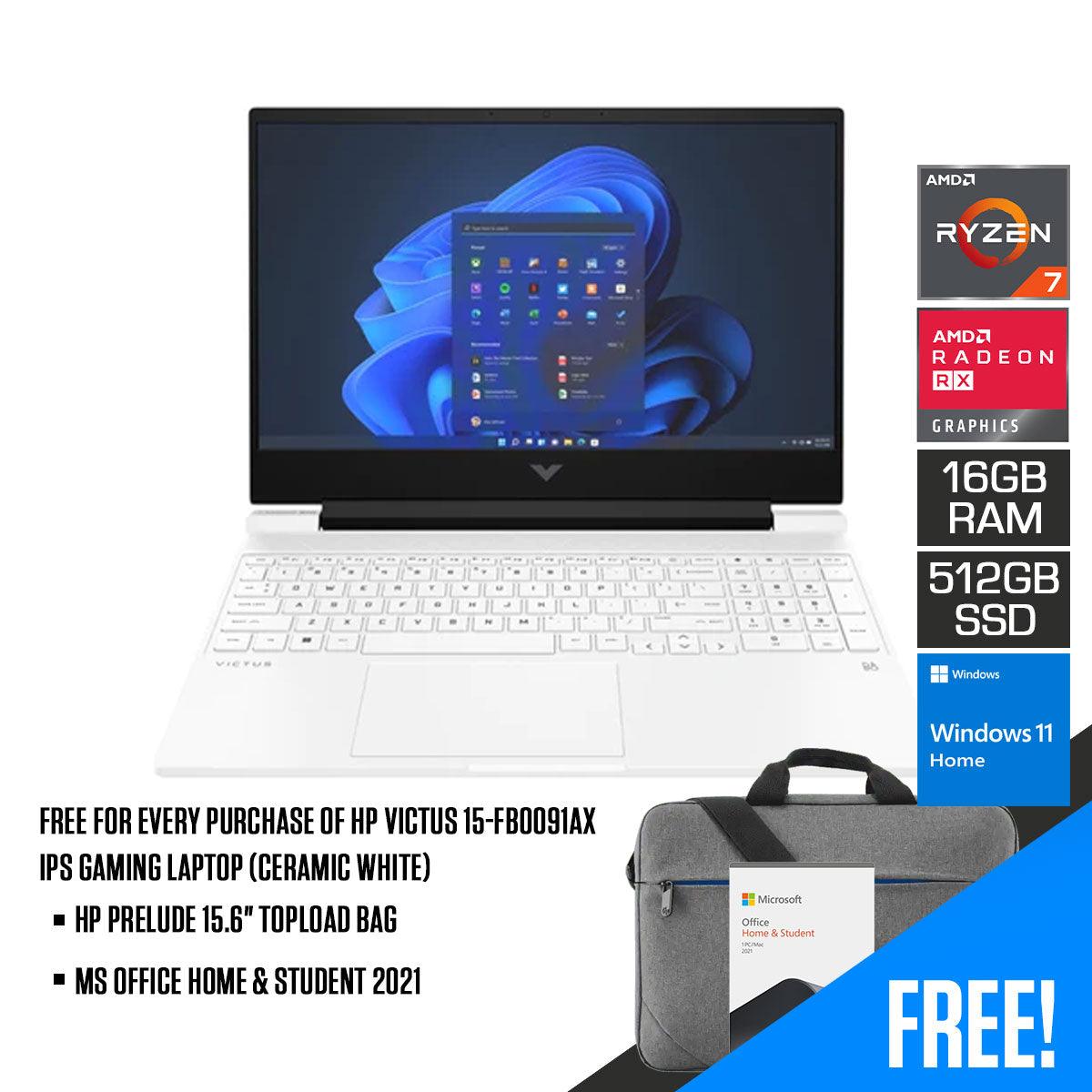 HP Victus 15-FB0091AX IPS Gaming Laptop (Ceramic White) | 15.6" FHD | Ryzenโข 7 5800H | 16 GB DDR4 | 512 GB SSD | RX 6500M | Windows 11 | MS Office Home & Student 2021 | HP Prelude 15.6" Topload Bag - DataBlitz