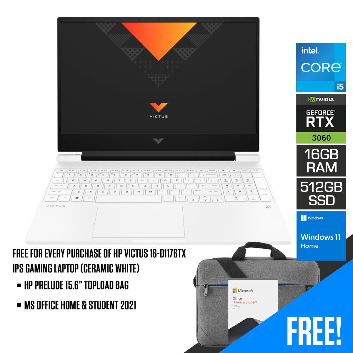 HP Victus 16-D1176TX IPS Gaming Laptop (Ceramic White) | 16.1" FHD | i5-12500H | 16 GB DDR5 | 512 GB SSD | RTX™ 3060 | Windows 11 | MS Office Home & Student 2021 | HP Prelude 15.6” Topload Bag - DataBlitz