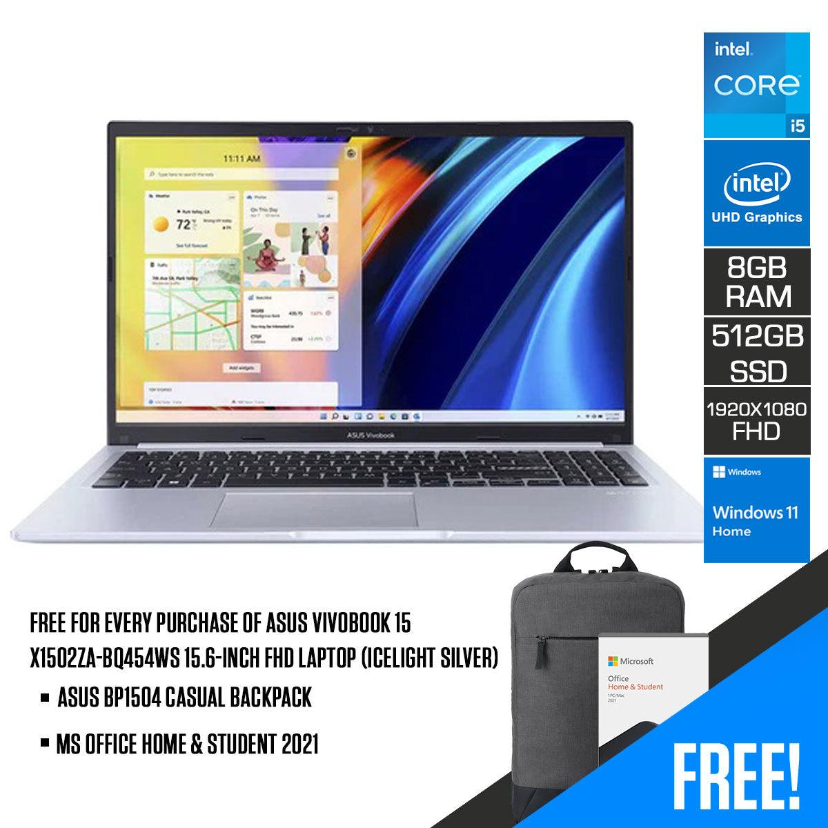 Asus Vivobook 15 X1502ZA-BQ454WS 15.6-Inch FHD Laptop (Icelight Silver) | 15.6" FHD (1920 x 1080) | i5-1235U | 8GB RAM | 512GB SSD | Intel® UHD Graphics | Windows 11 Home | MS Office H&S 2021 | ASUS BP1504 Casual Backpack - DataBlitz