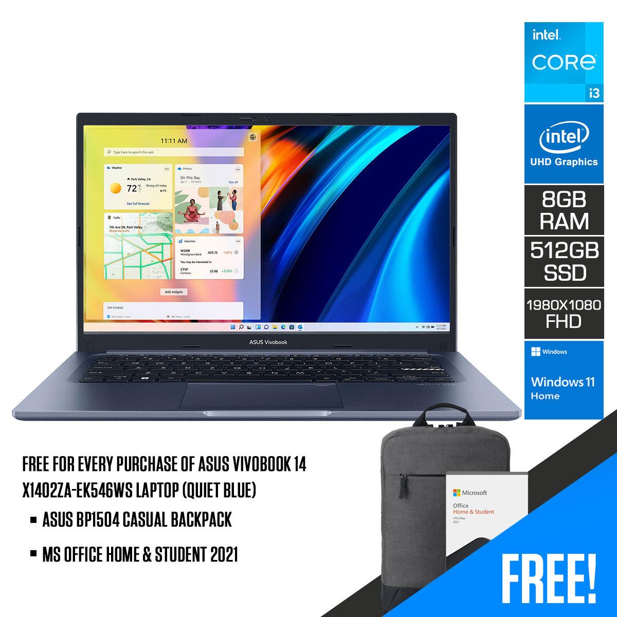 Asus Vivobook 14 X1402ZA-EK546WS Laptop (Quiet Blue) | 14” FHD (1920 x 1080) | i3-1220P | 8 GB RAM DDR4 | 512 GB SSD | Intel UHD Graphics | Windows 11 Home | MS Office Home & Student 2021 | ASUS BP1504 Casual Backpack - DataBlitz