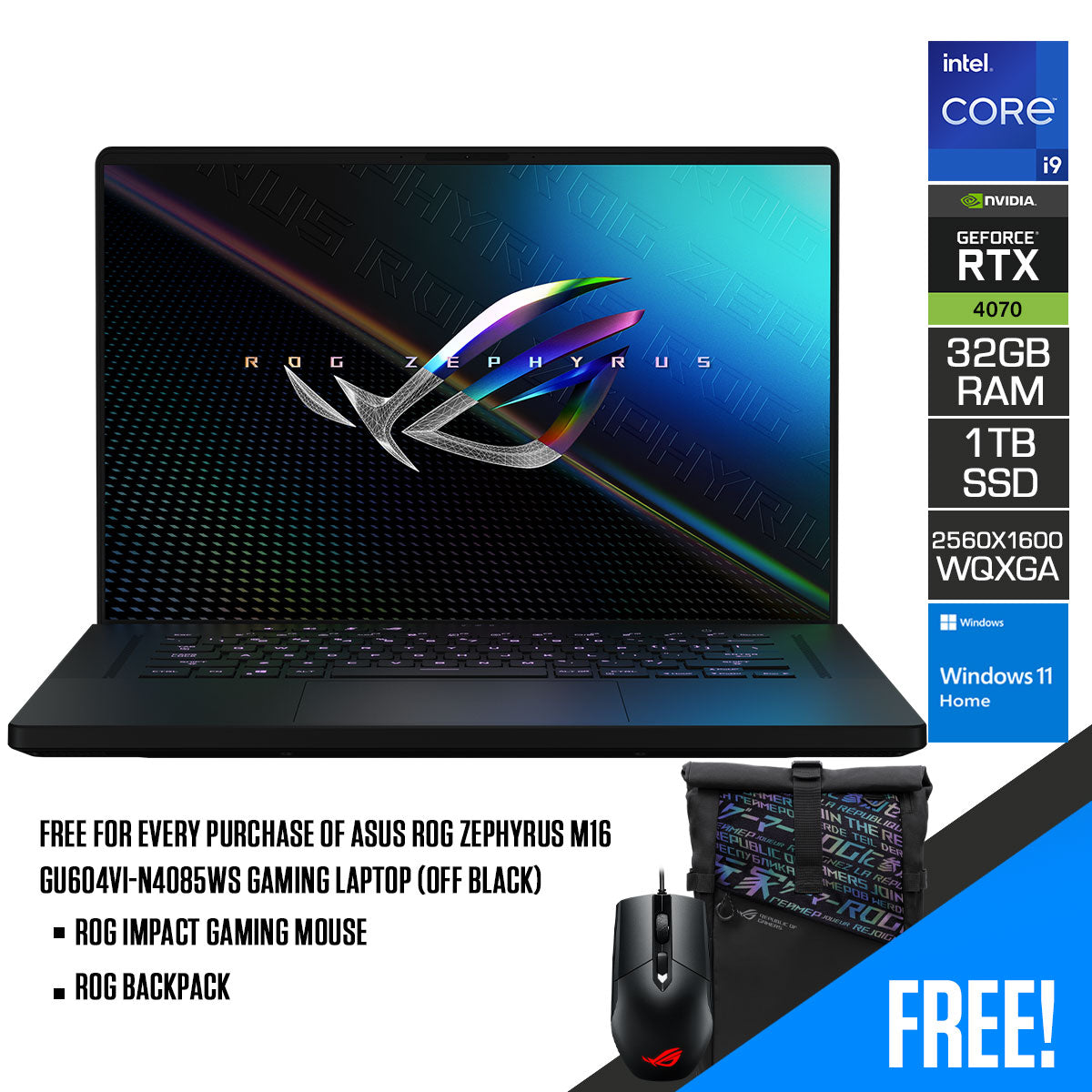 Asus ROG Zephyrus M16 GU604VI-N4085WS Gaming Laptop (Off Black) | 16" QHD+ (2560x1600 WQXGA) | i9 13900H | RTX 4070 | 1TB SSD | 32GB RAM | ROG Impact Gaming Mouse | ROG Backpack