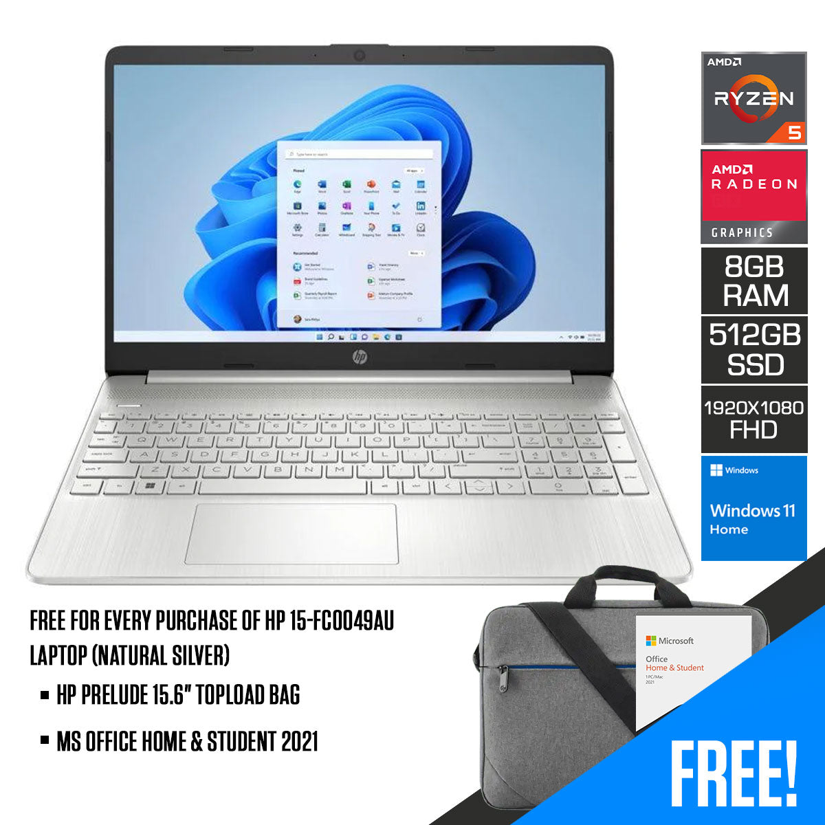 HP 15-FC0049AU Laptop (Natural Silver) | 15.6โ FHD (1920 x 1080) | Ryzenโข 5 7520U | 8GB RAM | 512GB SSD | AMD Radeonโข Graphics | Windows 11 | MS Office Home & Student 2021 | HP Prelude 15.6โ Topload Bag