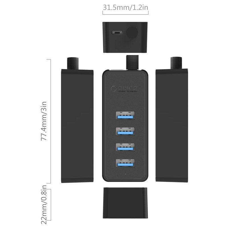 Orico W5P-U3 USB 3.0 4 Port Hub With Micro USB Power Input 30CM Cable Length (Black) - DataBlitz