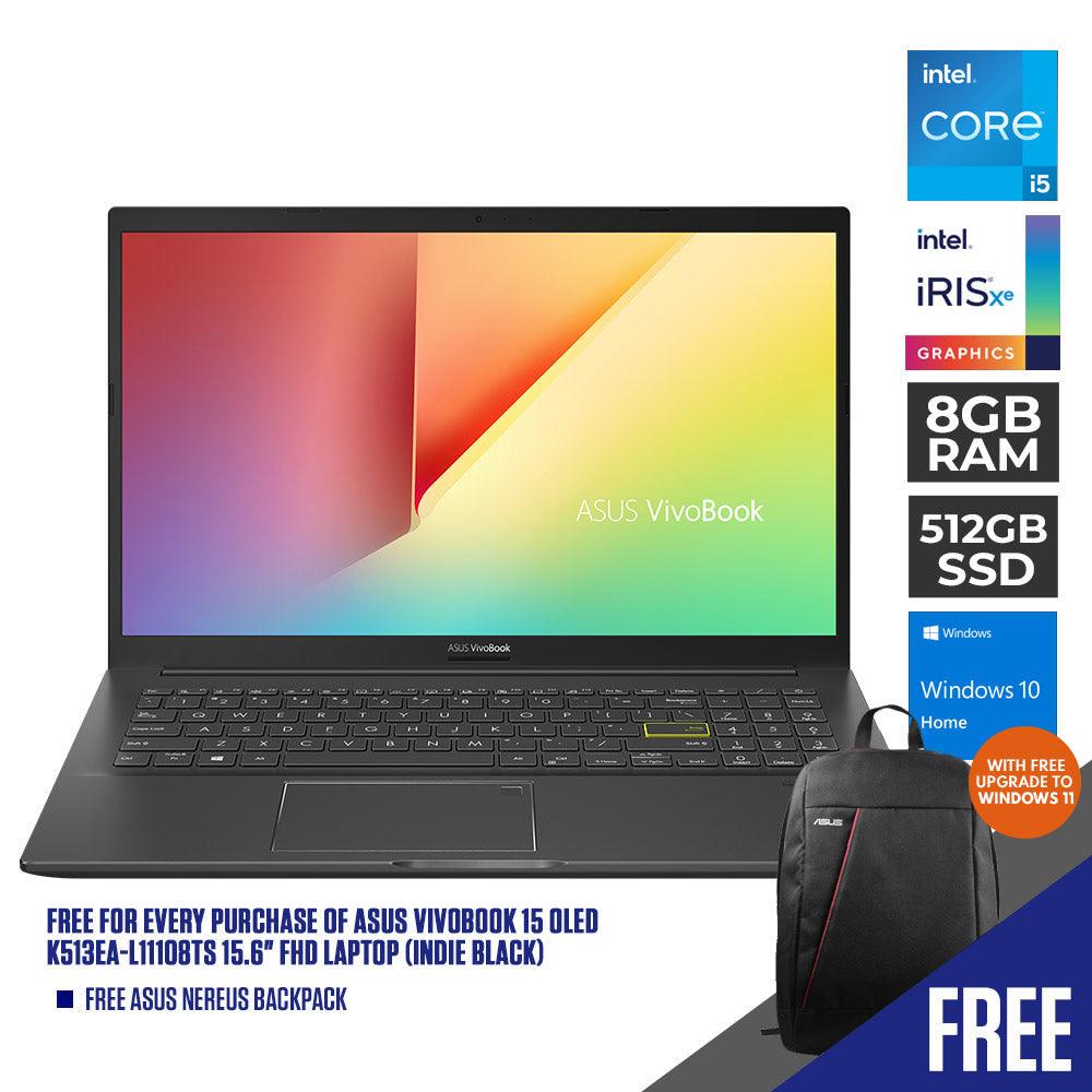 ASUS VIVOBOOK 15 OLED K513EA-L11108TS LAPTOP (INDIE BLACK) | 15.6" FHD | i5-1135G7 | 8GB DDR4 | 512GB SSD | IRIS XE | WIN10 + MS OFFICE HOME & STUDENT 2019 + ASUS NEREUS BACKPACK (BLACK) - DataBlitz