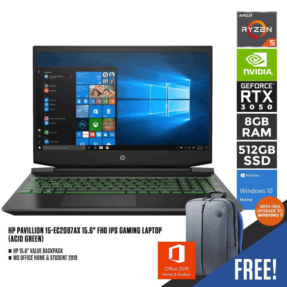 HP PAVILION 15-EC2087AX GAMING LAPTOP (ACID GREEN) FHD RYZEN 5600H 8GB 16GB DDR4 512 SSD RTX 3050 WIN10 HP VALUE BACKPACK