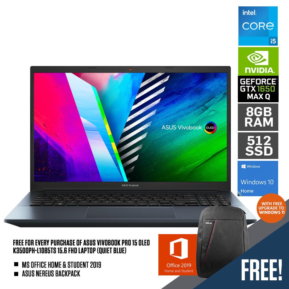 ASUS VIVOBOOK PRO 15 OLED K3500PH-L1085TS LAPTOP (QUIET BLUE) | 15.6" FHD | i5-11300H | 8GB DDR4 | 512GB SSD | GTX 1650 | WIN10 + MS OFFICE HOME & STUDENT 2019 + ASUS NEREUS BACKPACK (BLACK) - DataBlitz