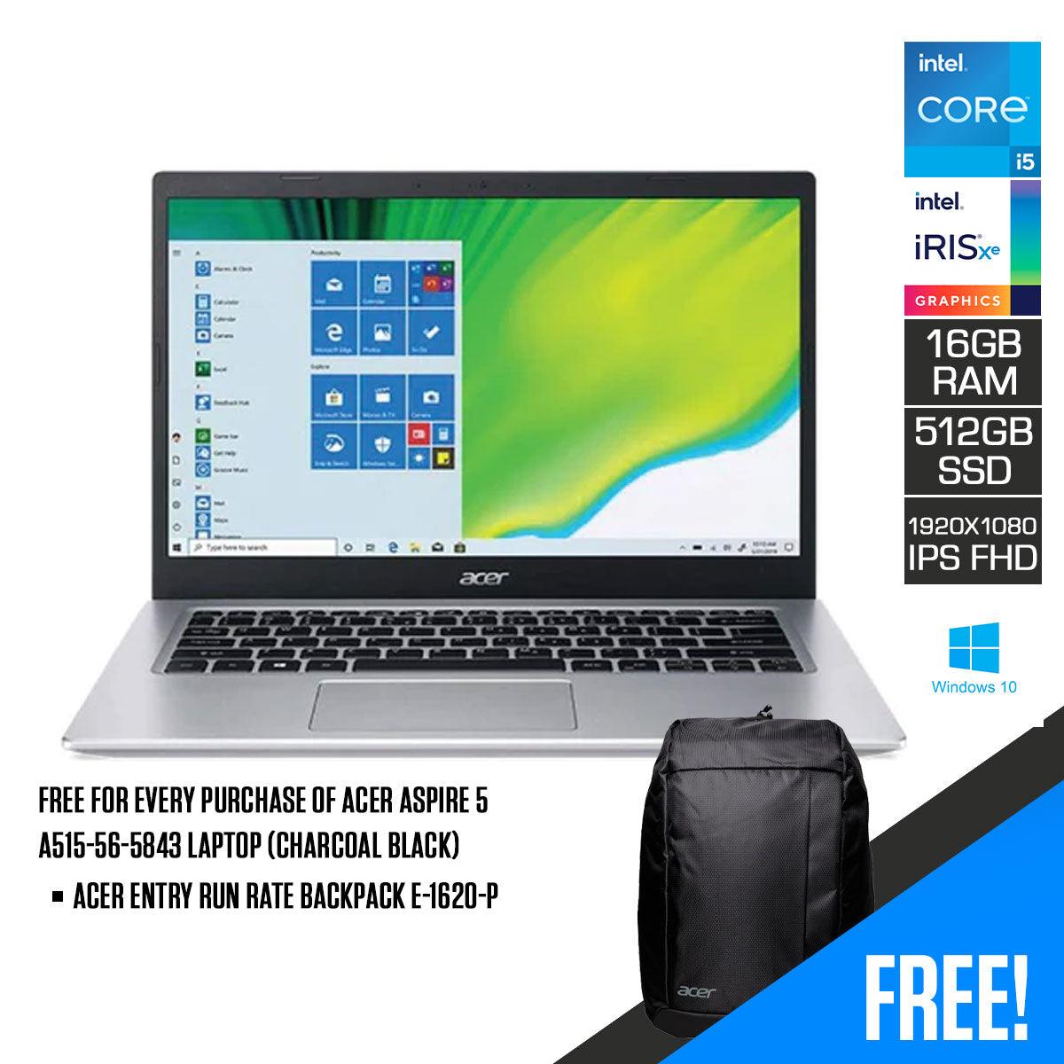 ACER ASPIRE 5 A515-56-5843 Laptop (Charcoal Black) | 15.6" FHD | i5-1135G7 | 8GB LPDDR4 | 512GB SSD | IRIS XE | WIN10 ACER Entry Run Rate Backpack E-1620-P (LZBPKM6B12) - DataBlitz