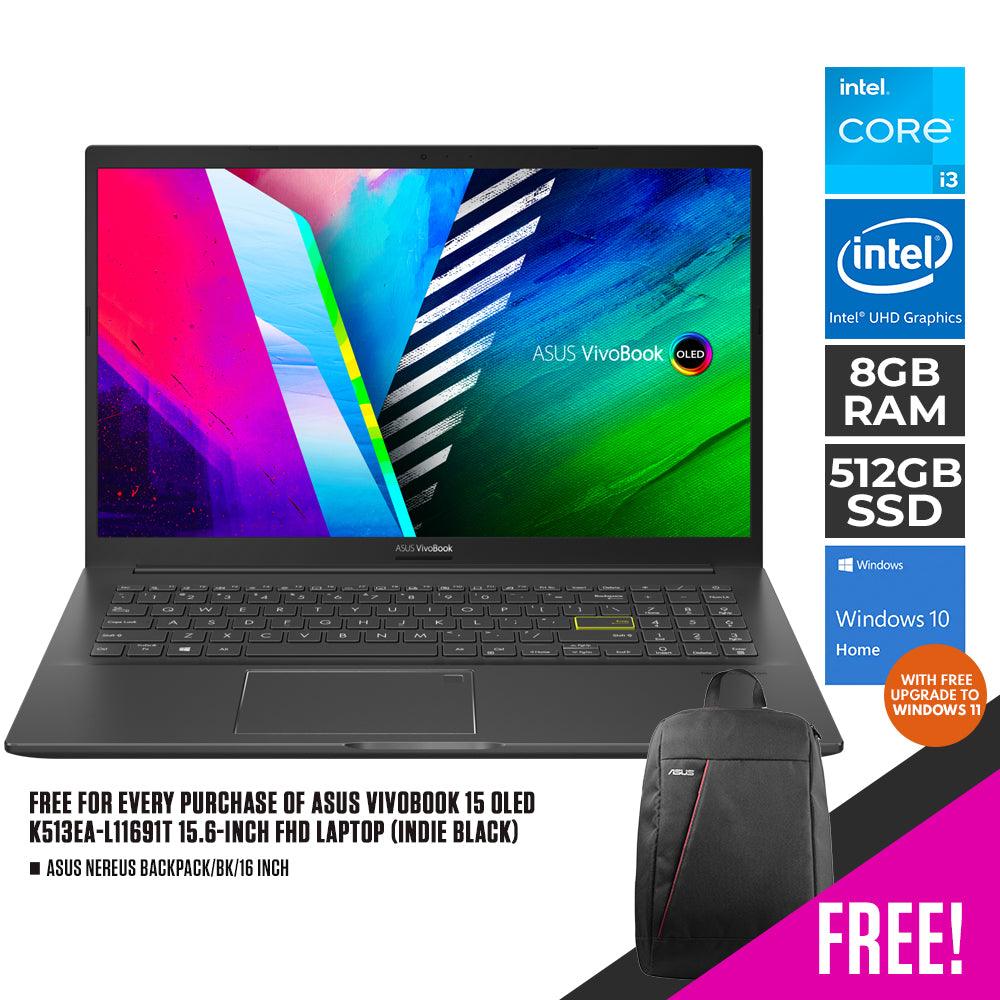 ASUS VIVOBOOK 15 OLED K513EA-L11691T LAPTOP (INDIE BLACK) | 15.6" FHD | i3-1115G4 | 4GB DDR4 | 512GB SSD | INTEL UHD | WIN10 + ASUS NEREUS BACKPACK (BLACK) - DataBlitz