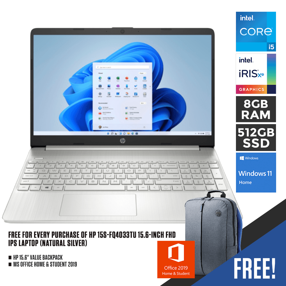 HP 15S-FQ4033TU (NATURAL SILVER) LAPTOP | 15.6" FHD | i5-1155G7 | 8GB DDR4 | 512GB SSD | INTEL® IRIS® Xᵉ | WIN11 + MS OFFICE HOME & STUDENT FREE HP VALUE BACKPACK - DataBlitz