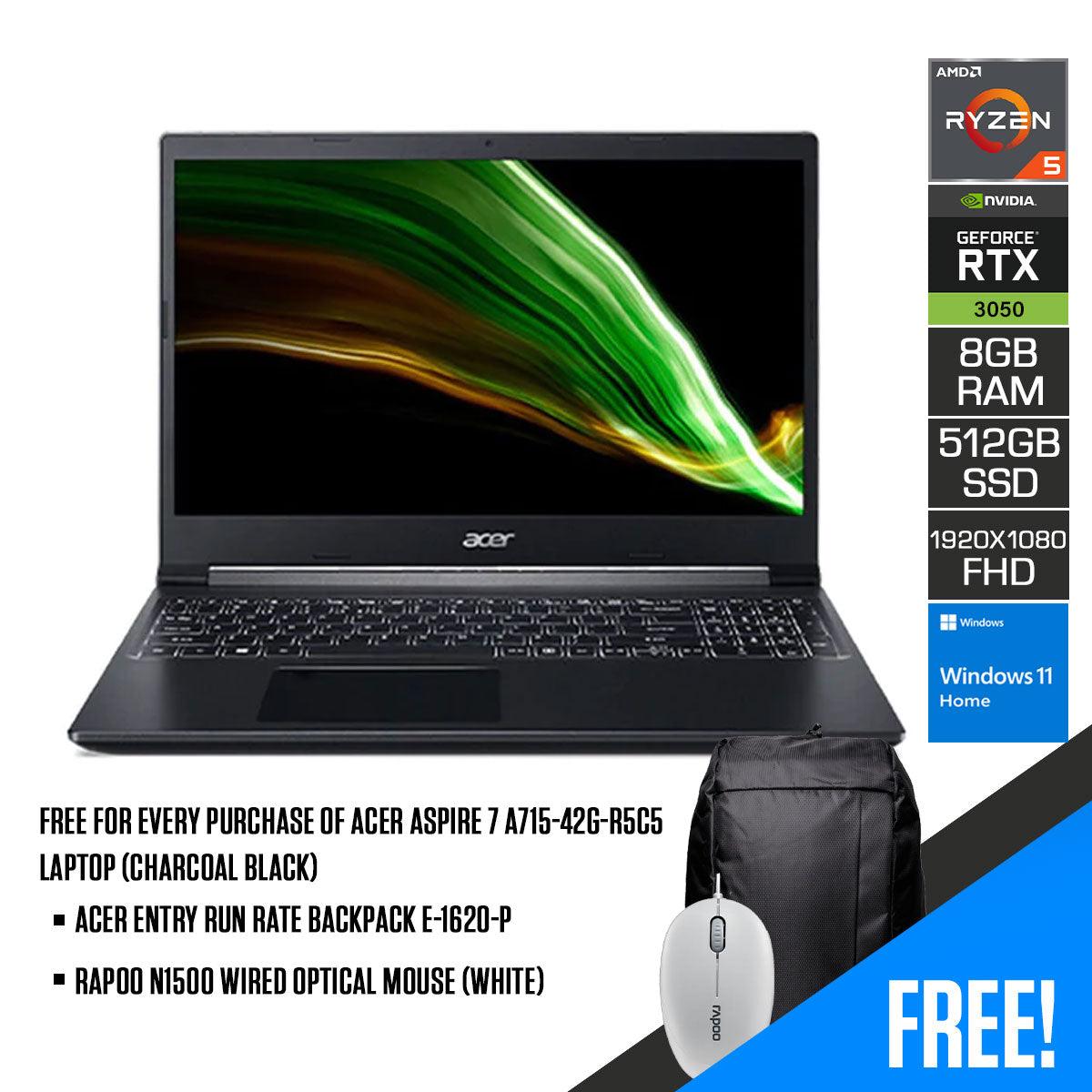ACER Aspire 7 A715-42G-R5C5 Laptop (Charcoal Black) | 15.6" FHD 1920x1080 | RYZEN 5 5500u | 8GB DD4 | 512GB SSD | RTX 3050 | Windows 11 Home | ACER Entry Run Rate Backpack E-1620-P | RAPOO N1500 Wired Optical Mouse (White) - DataBlitz