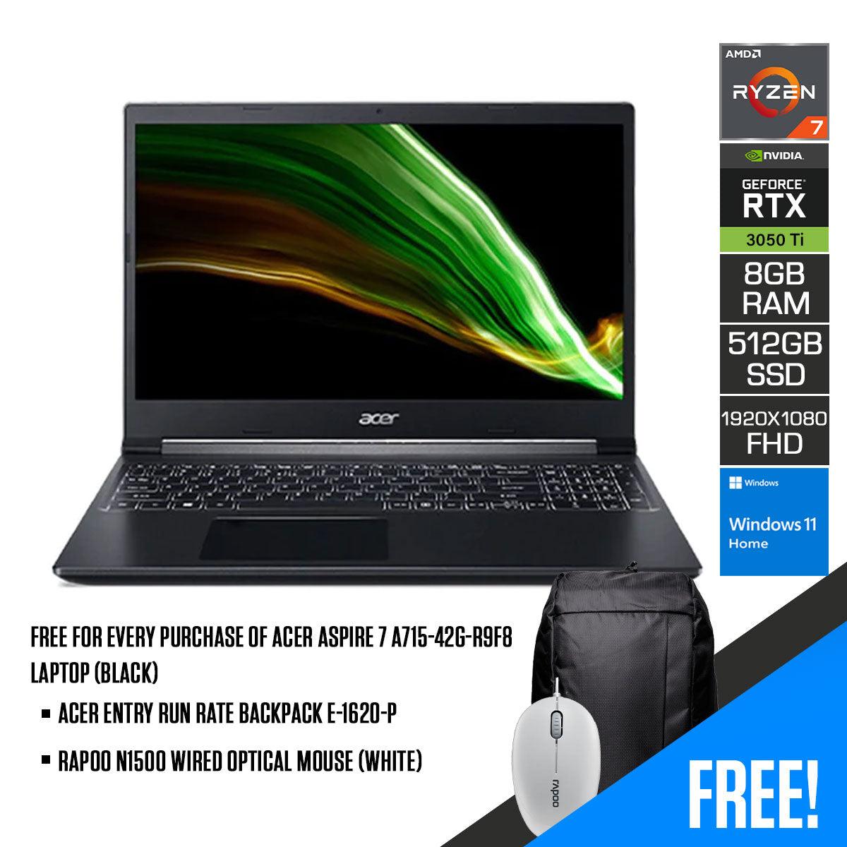 ACER Aspire 7 A715-42G-R9F8 Laptop (Black) | 15.6" FHD 1920 x 1080 | RYZEN 7 5700U | 8GB DDR4 | 512GB SSD | RTX 3050 TI | Windows 11 Home | ACER Entry Run Rate Backpack E-1620-P | RAPOO N1500 Wired Optical Mouse (White) - DataBlitz