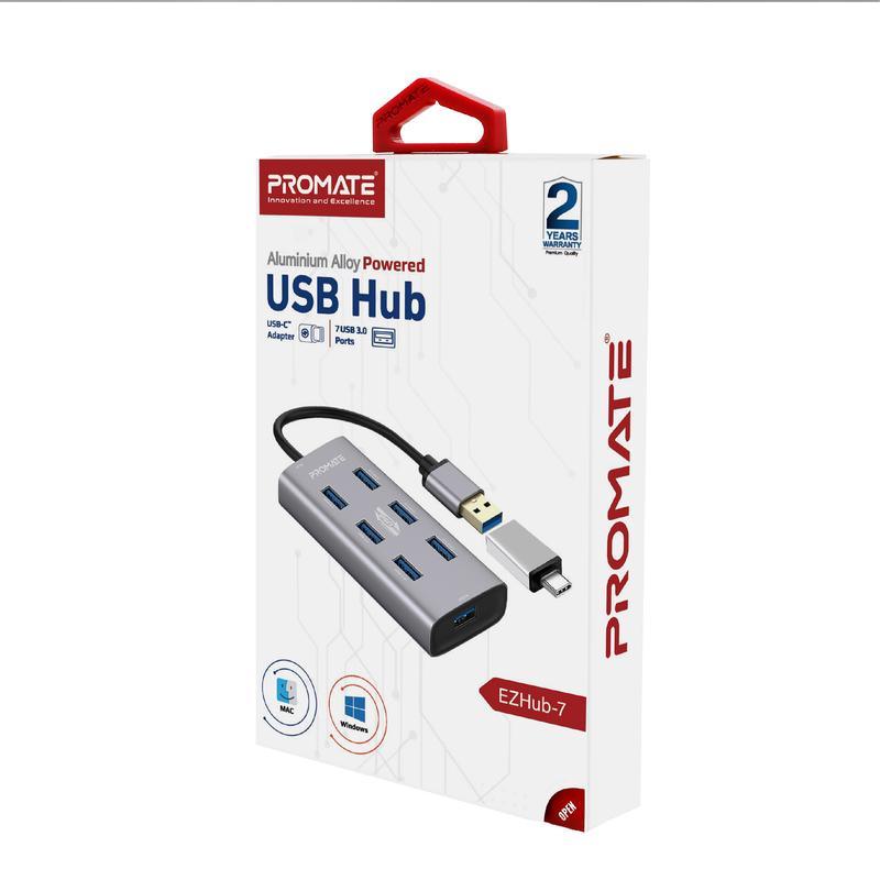 PROMATE EZHUB-7 USB 3.0 PORTS ALUMINUM ALLOY USB HUB WITH DUAL INPUT (BLACK) - DataBlitz