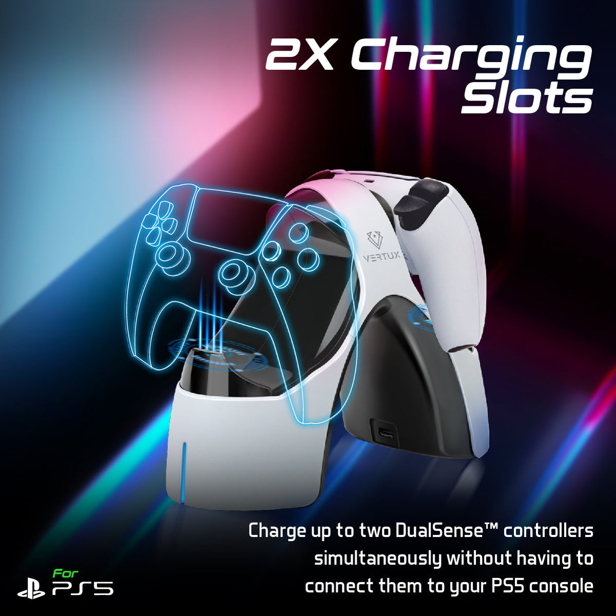 Vertux Dualdock-PS5 Dualsense Controller Charging Station (White)