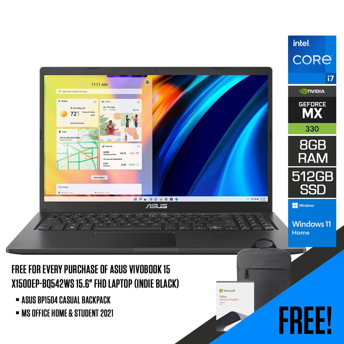 ASUS Vivobook 15 X1500EP-BQ542WS Laptop (Indie Black) | 15.6" FHD | Intel Core i7 1165G7 | 8GB DDR4 | 512GB SSD | GeForce MX330 | WIN11 + MS Office Home and Student + ASUS BP1504 Casual Backpack - DataBlitz