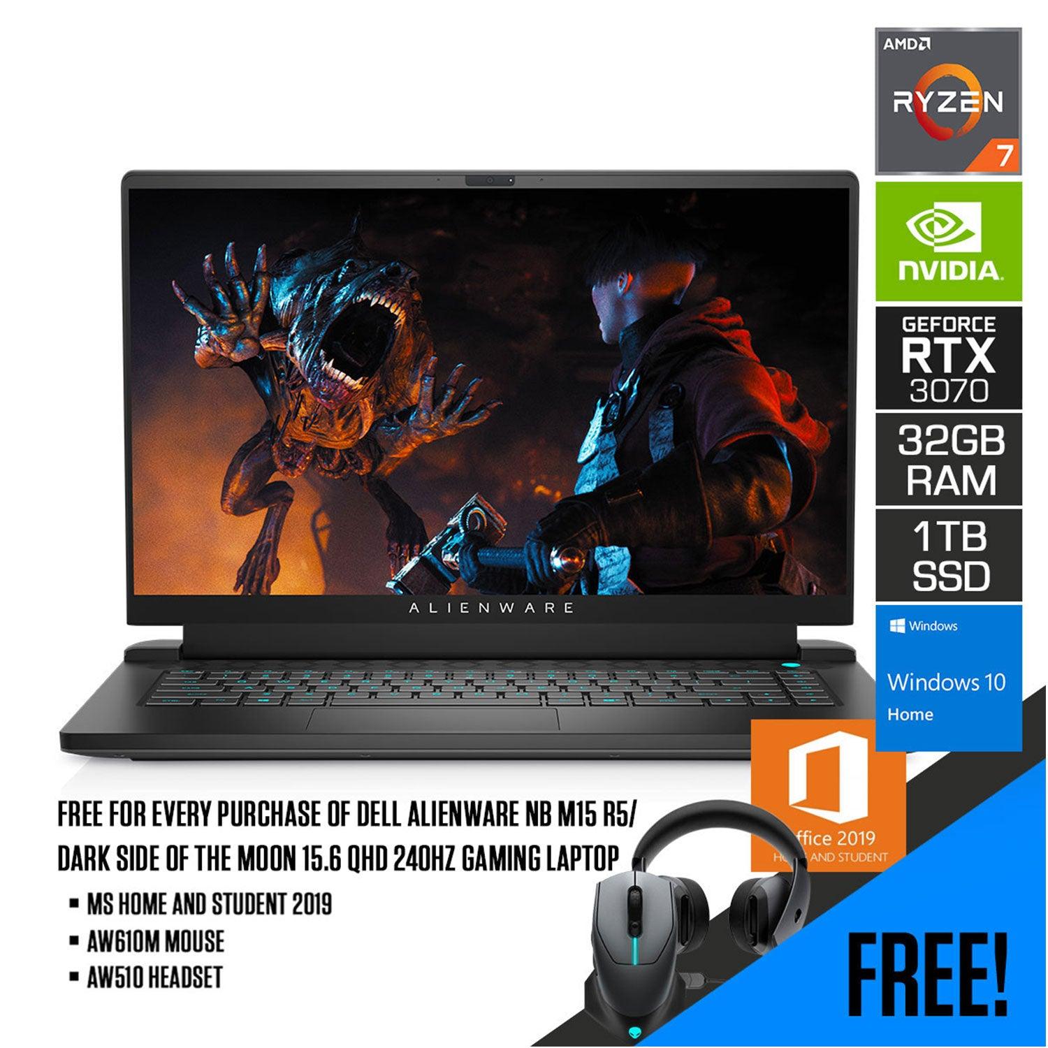 DELL Alienware NB M15 R5/ Dark Side of the Moon Gaming Laptop | 15.6" QHD | R7 5800H | 32GB | 1TB SSD | RTX3070 | WIN10 | MS Office Home and Student 2019 | AW610M Mouse | AW510 Headset - DataBlitz
