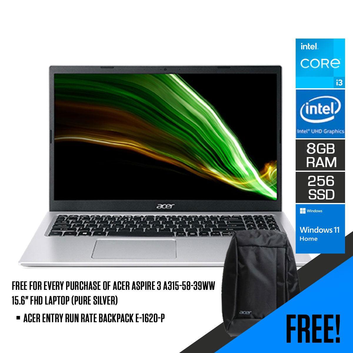 ACER Aspire 3 A315-58-39WW 15.6” (Pure Silver) | 15.6" FHD | Intel Core i3-1115G4 | 8GB RAM DDR4 | 256GB SSD | Intel UHD graphics | Windows 11 Home | ACER Entry Run Rate Backpack E-1620-P (LZBPKM6B12) - DataBlitz