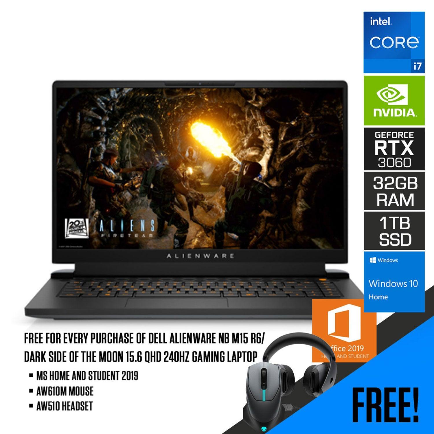 DELL Alienware NB M15 R6/ Dark Side of the Moon Gaming Laptop | 15.6" QHD | i7 11800H | 32GB | 1TB SSD | RTX 3060 | WIN10 | MS Office Home and Student 2019 | AW610M Mouse | AW510 Headset - DataBlitz