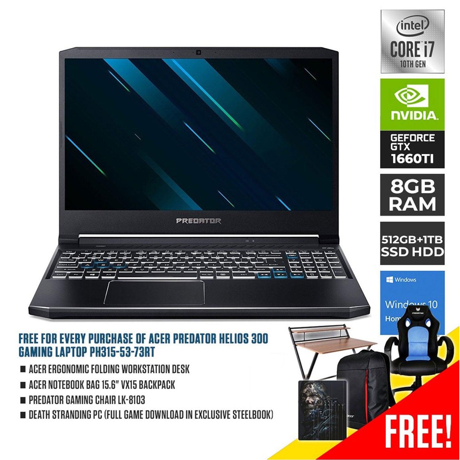 ACER PREDATOR HELIOS 300 PH315-53-73RT GAMING LAPTOP| 15.6" FHD | i7-10750H | 8GB DDR4 | 512GB SSD | 1TB HDD |GTX 1660 TI | GAMING CHAIR LK-8103 + NOTEBOOK BAG VX15+ FOLDING WORKSTATION DESK + DEATH STRANDING (PC-DIGITAL) - DataBlitz