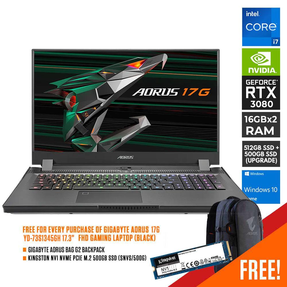 GIGABYTE AORUS 17G YD-73S1345GH 300HZ GAMING LAPTOP (BLACK) | 17.3" FHD | i7-11800h | 32 GB DDR4 | 512GB SSD | RTX 3080 | WIN10 + GIGABYTE AORUS G2 BACKPACK (BLACK) + KINGSTON NV1 NVME PCIE M.2 500GB SSD (SNVS/500G) UPGRADE - DataBlitz