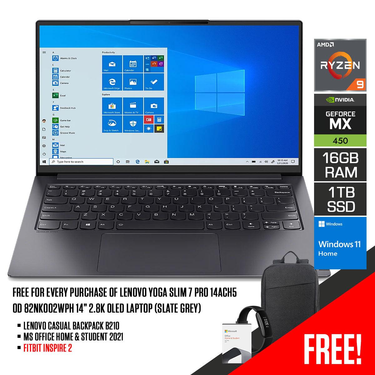 LENOVO Yoga Slim 7 Pro 14ACH5 OD 82NK002XPH Laptop (Slate Grey) | 14” 2.8K Oled | Ryzen 9 5900HS | 16GB RAM DDR4 | 1TB SSD | MX450 | Windows 11 Home | MS Office Home & Student 2021 | Lenovo Casual Backpack B210 - DataBlitz