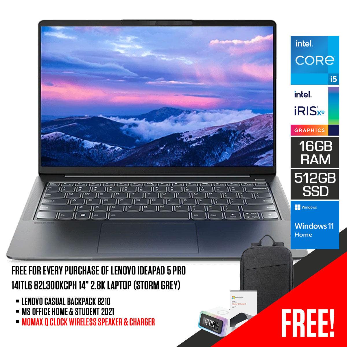 LENOVO IDEAPAD 5 PRO 14ITL6 82L300KCPH LAPTOP (STORM GREY) | 14” 2.8K | i5-1155G7 | 16GB DDR4 | 512GB SSD | IRIS XE | WIN 11 + MS OFFICE HOME & STUDENT 2021 + LENOVO CASUAL BACKPACK B210 - DataBlitz