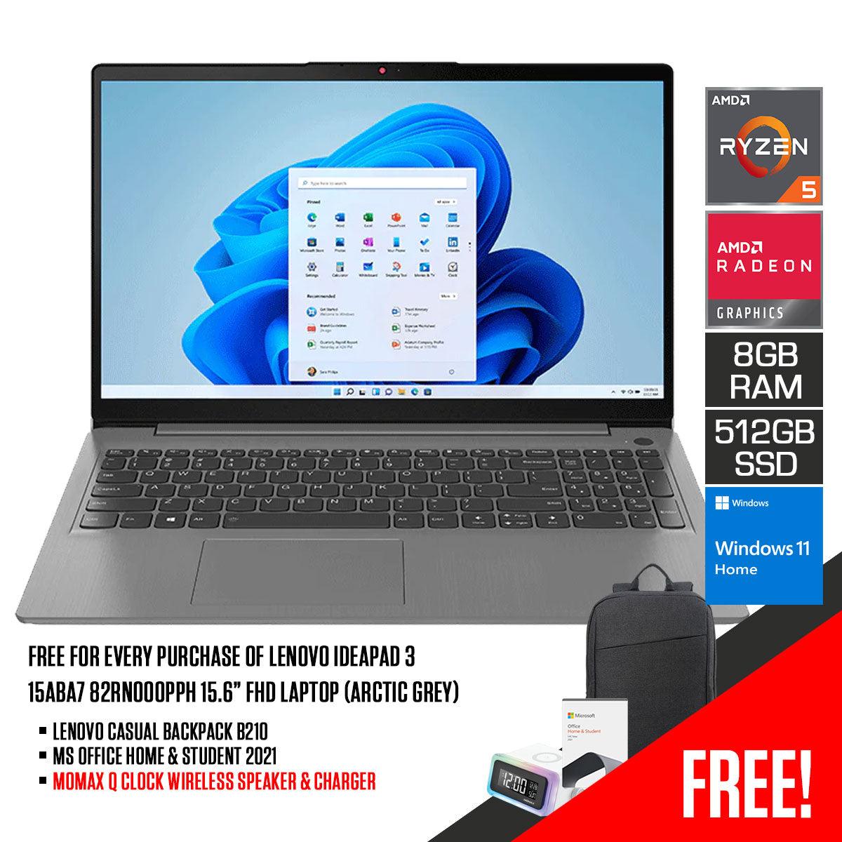 LENOVO Ideapad 3 15ABA7 82RN000PPH Laptop (Arctic Grey) | 15.6” FHD | Ryzen 5 5625U | 8GB RAM DDR4 |512 GB SSD | AMD Radeon Graphics | Windows 11 Home | MS Office Home & Student 2021 | LENOVO Casual Backpack B210 - DataBlitz