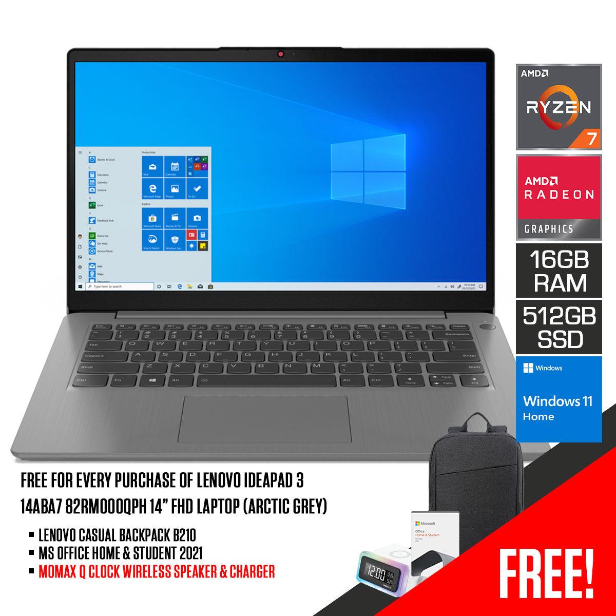LENOVO Ideapad 3 14ABA7 82RM000QPH Laptop (Arctic Grey) | 14” FHD | Ryzen 7 5825U | 16GB RAM | 512 GB SSD | Radeon Graphics | Windows 11 Home | MS Office Home & Student 2021 | LENOVO Casual Backpack B210 - DataBlitz