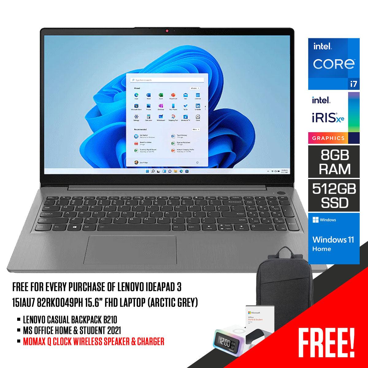Lenovo Ideapad 3 15IAU7 82RK0049PH Laptop (Arctic Grey) | 15.6” FHD | i7-1255U | 8GB RAM DDR4 | 512 GB SSD | Intel Iris Xe | Windows 11 Home | MS Office Home &Student 2021 | Lenovo Casual Backpack B210 - DataBlitz