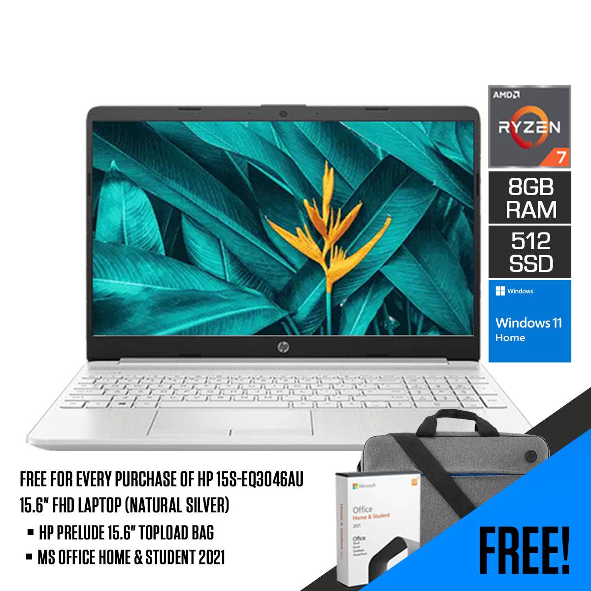 HP 15S-EQ3046AU 15.6” FHD Laptop (Natural Silver) | 15.6" FHD | Ryzen 7 5825U | 8GB RAM | 512 GB SSD | Windows 11 Home | MS Office Home & Student 2021 | HP Prelude 15.6” Topload Bag - DataBlitz
