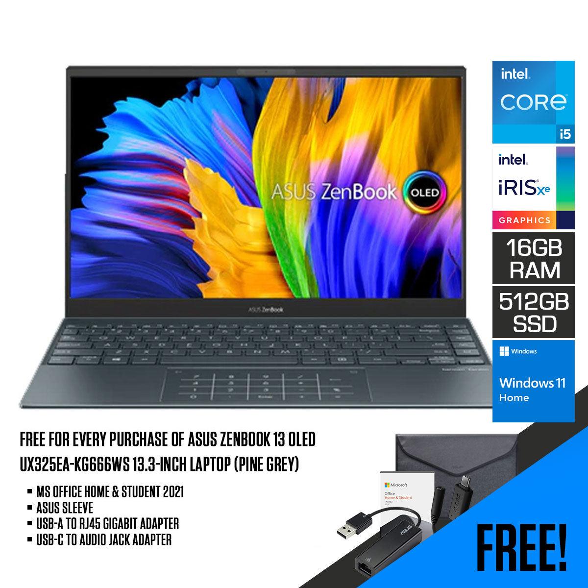 ASUS ZENBOOK 13 OLED UX325EA-KG666WS LAPTOP (PINE GREY) | 13.3" FHD | i5-1135G7 | 16GB LPDDR4X | 512B SSD | IRIS XE | WIN11 + MS OFFICE HOME & STUDENT 2021 + SLEEVE + USB-A TO RJ45 GIGABIT ADAPTER + USB-C TO AUDIO JACK ADAPTER - DataBlitz