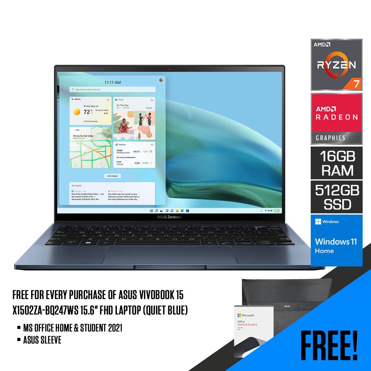 Asus Zenbook S 13 OLED UM5302TA-LV396WS Laptop (Ponder Blue) | 13.3” FHD | Ryzen 7 6800U | 16GB RAM | 512GB M.2 SSD | AMD Radeon™ Graphics | Windows 11 Home | MS Office Home & Student 2021 | Asus Sleeve - DataBlitz