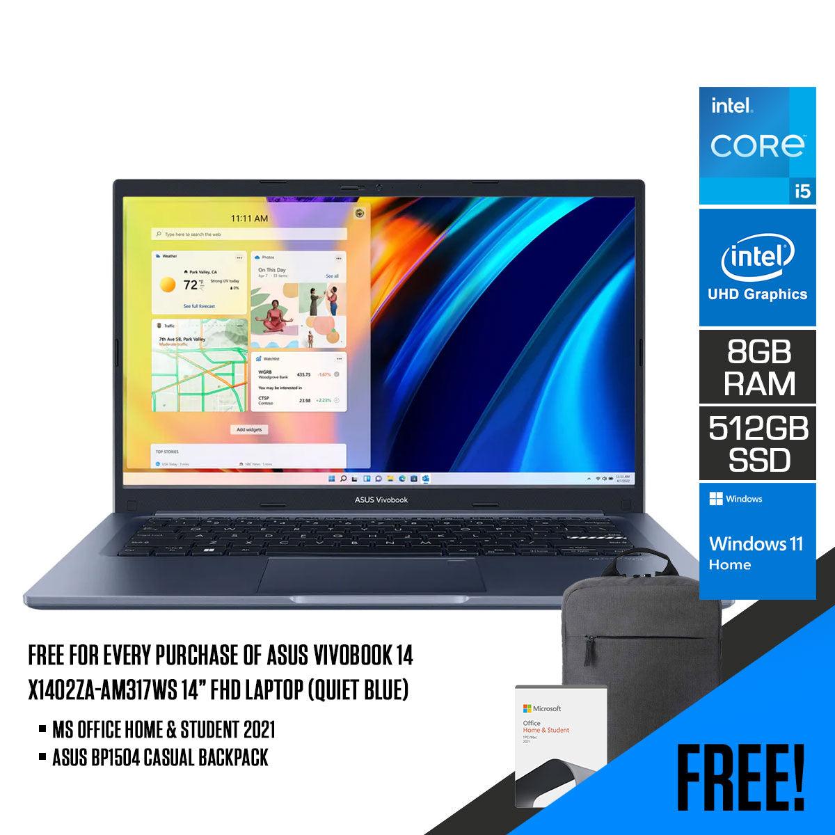 Asus Vivobook 14 X1402ZA-AM317WS Laptop (Quiet Blue) | 14” FHD | i5-1240P | 8GB RAM | 512GB SSD | Intel® UHD Graphics | Windows 11 Home | MS Office Home & Student 2021 | ASUS BP1504 Casual Backpack - DataBlitz