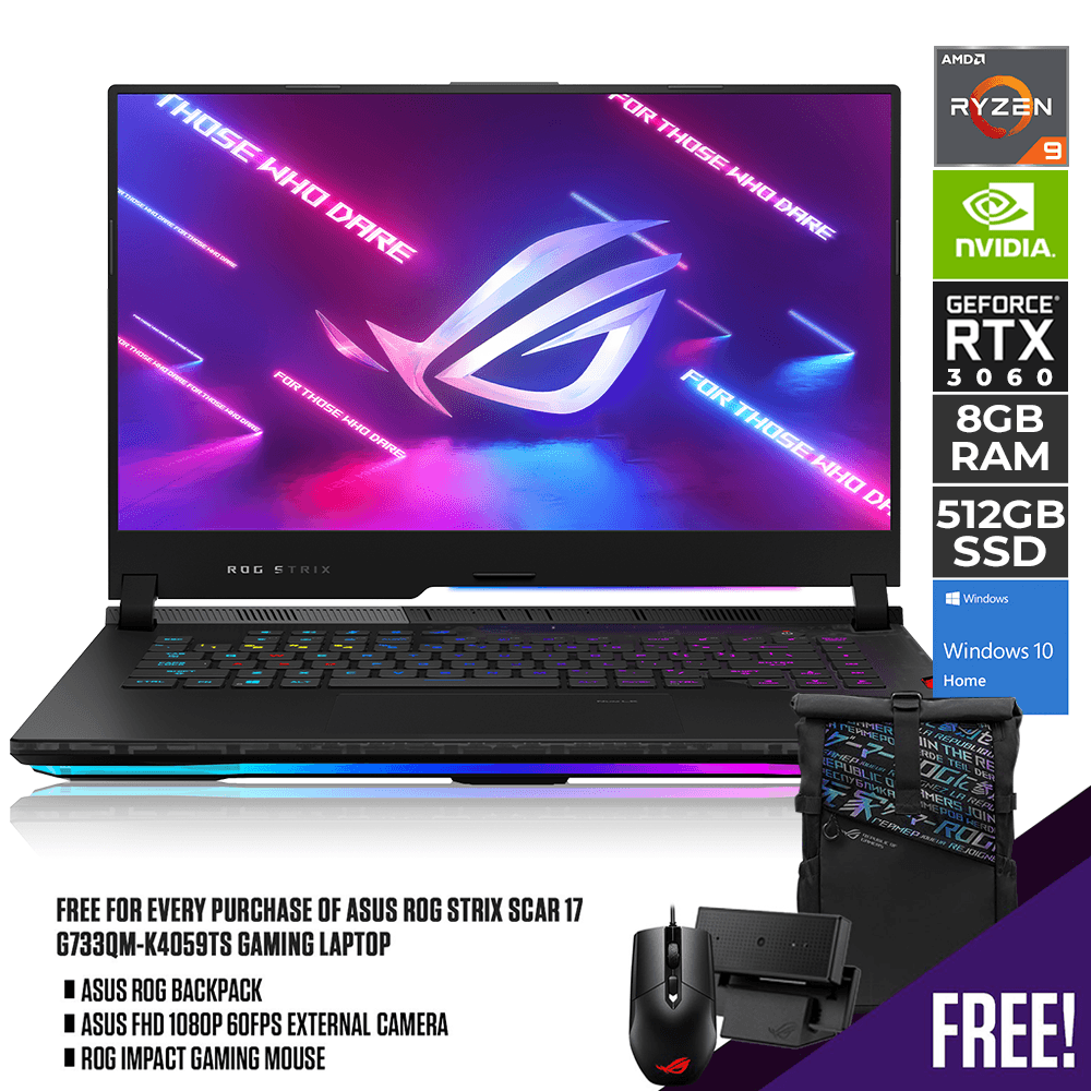 ASUS ROG STRIX SCAR 17 G733QM-K4059TS | 17.3" WQHD | 8GB DDR4 | 512GB SSD | RTX 3060 | WIN10 + EXTERNAL CAMERA + ROG IMPACT GAMING MOUSE + 100W AC ADAPTER + KEYSTONE + 2 ARMOR CAPS + ROG BACKPACK - DataBlitz