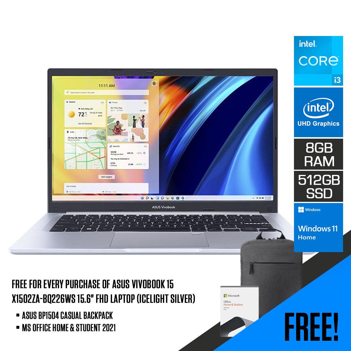 ASUS Vivobook 15 X1502ZA-BQ226WS Laptop (Icelight Silver) | 15.6" FHD | i3-1220P | 8GB RAM | 512GB SSD | Intel® UHD Graphics | Windows 11 Home | MS Office H&S 2021 | ASUS BP1504 Casual Backpack - DataBlitz