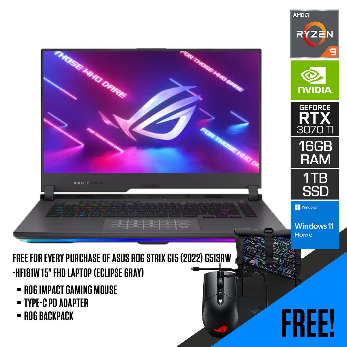 ASUS ROG Strix G15 (2022) G513RW-HF181W 15” FHD Gaming Laptop (Eclipse Gray) | 15.6" FHD | Ryzen™ 9 6900HX | 16GB RAM DDR5 | 1TB SSD | RTX™ 3070 Ti | Windows 11 Home | ROG Backpack | ROG Impact Gaming Mouse | Type-C PD Adapter - DataBlitz