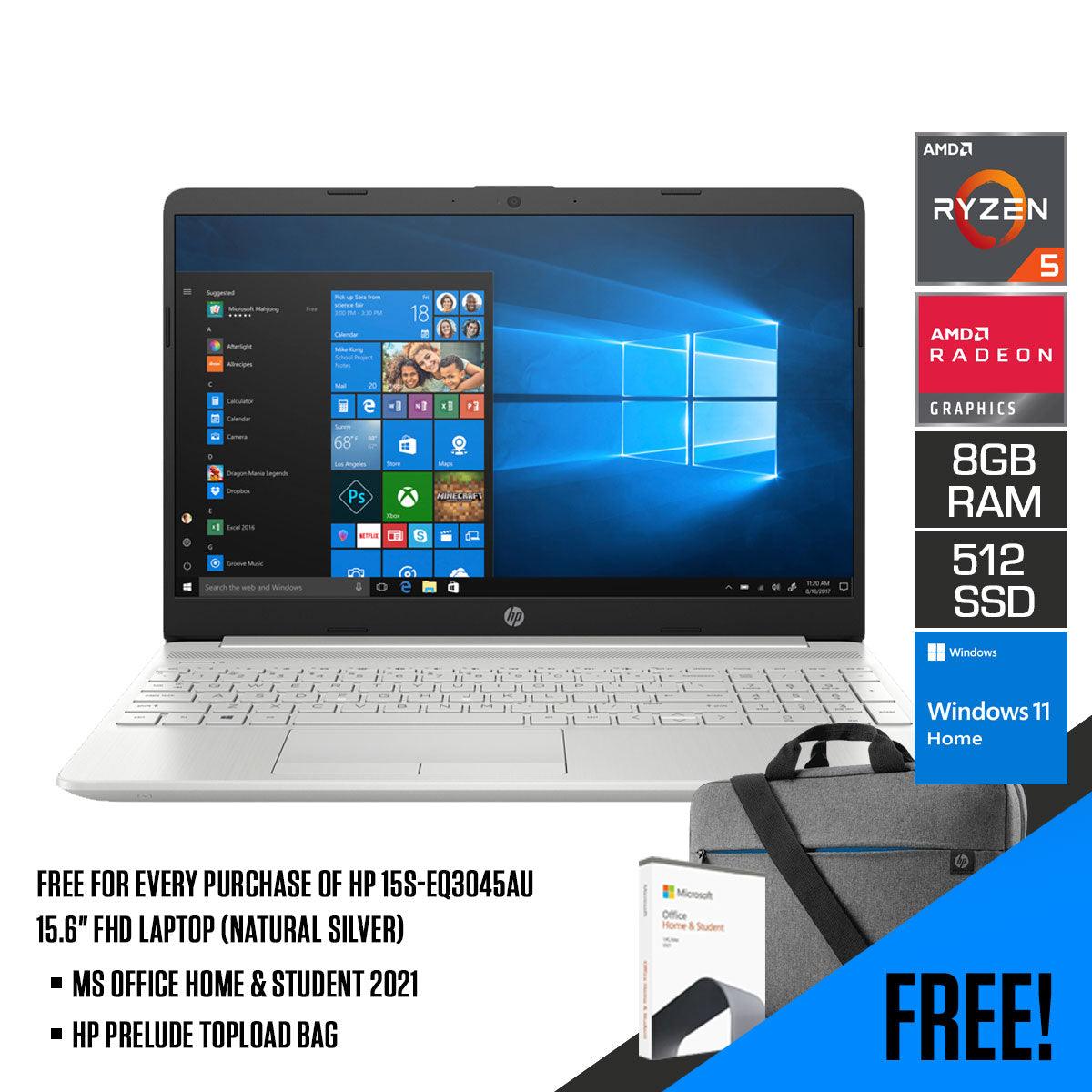 HP 15S-EQ3045AU Laptop (Natural Silver) | 15.6" FHD | AMD Ryzen 5 5625U | 8GB RAM | 512 GB SSD | AMD Radeon Graphics | Windows 11 Home | MS Office Home & StudenT 2021 | HP Prelude 15.6โ Topload Bag - DataBlitz