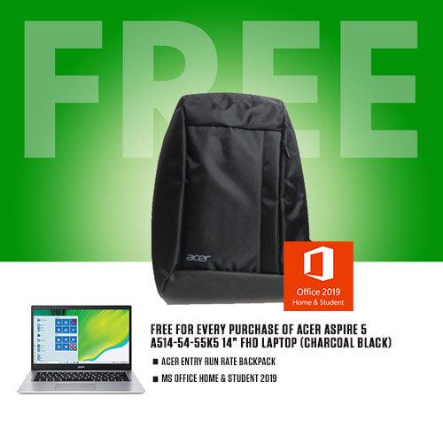 ACER ASPIRE 5 A514-54-55K5 Laptop (Charcoal Black) | 14" IPS LCD FHD | i5-1135G7 | 8GB LPDDR4 | 512GB SSD | Intel® Iris® X Graphics | WIN10 | MS Office Home & Student ACER Entry Run Rate Backpack - DataBlitz