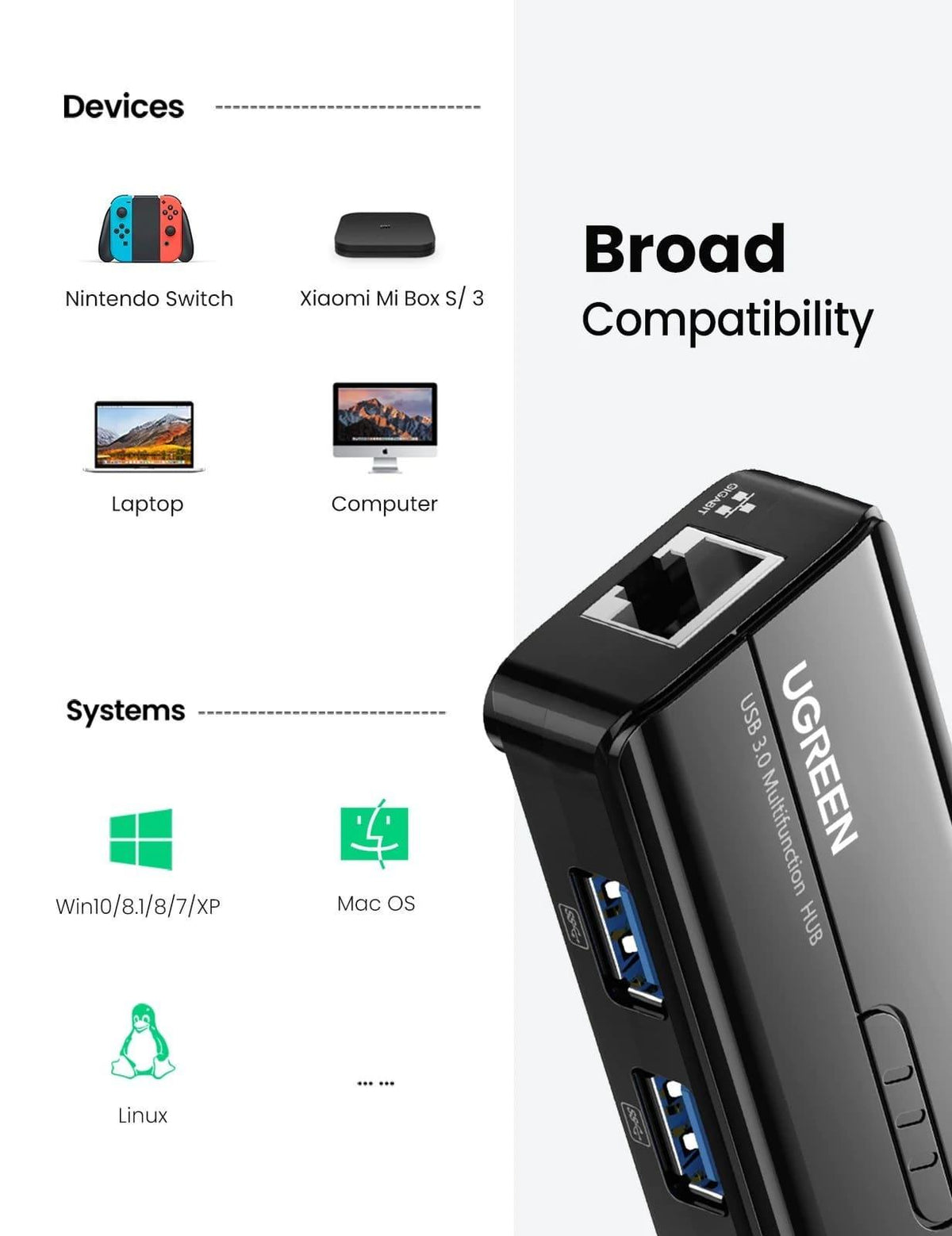 UGREEN USB 3.0 HUB WITH GIGABIT ETHERNET ADAPTER (BLACK) (20265) - DataBlitz
