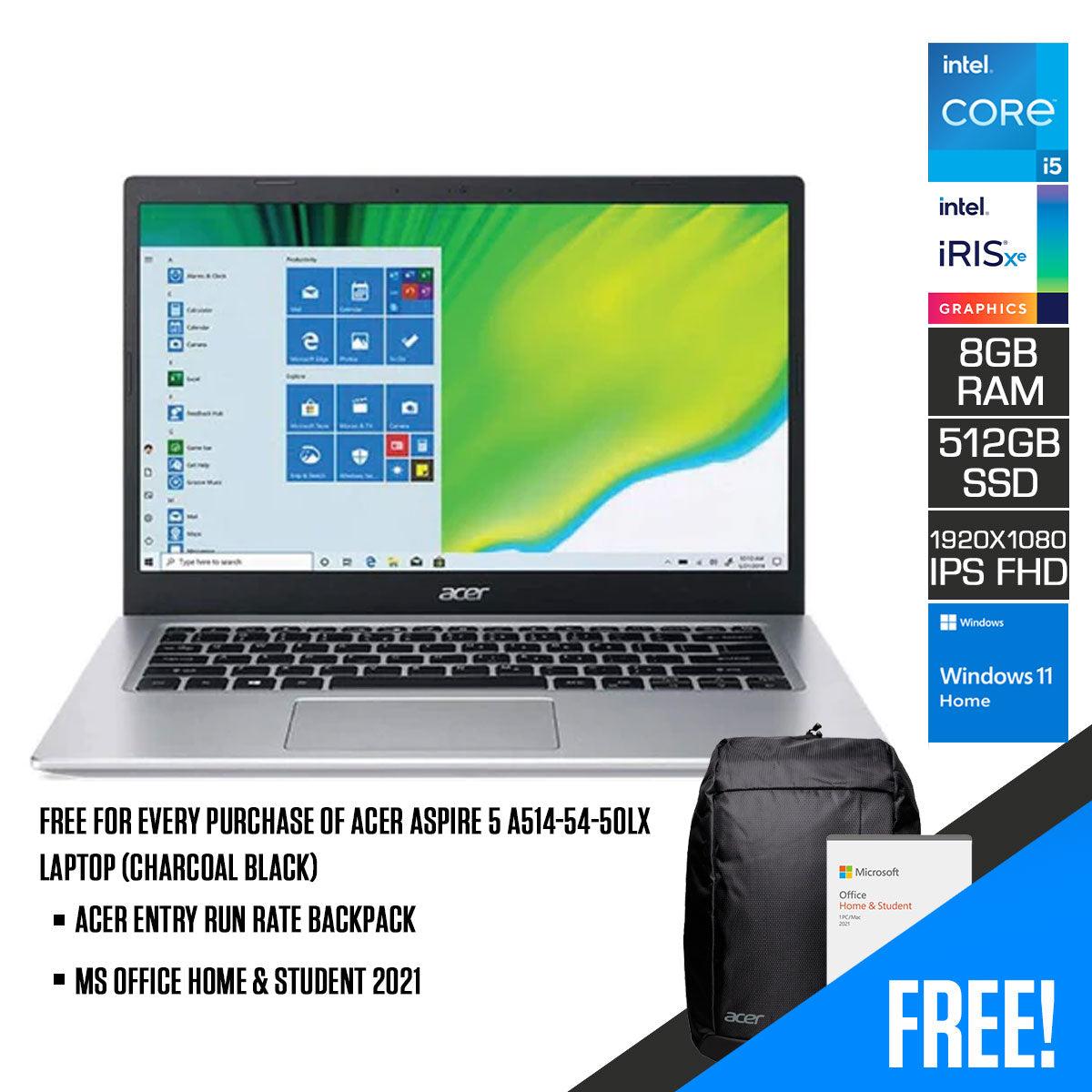 ACER ASPIRE 5 A514-54-50LX Laptop (Charcoal Black) | 14” FHD 1920x1080 | i5-1135G7 | 8GB DDR4 | 512GB SSD | Intel® Iris® X Graphics | WIN11 + MS Office Home & Student 2021 + ACER Entry Run Rate Backpack E-1620-P (LZBPKM6B12) - DataBlitz