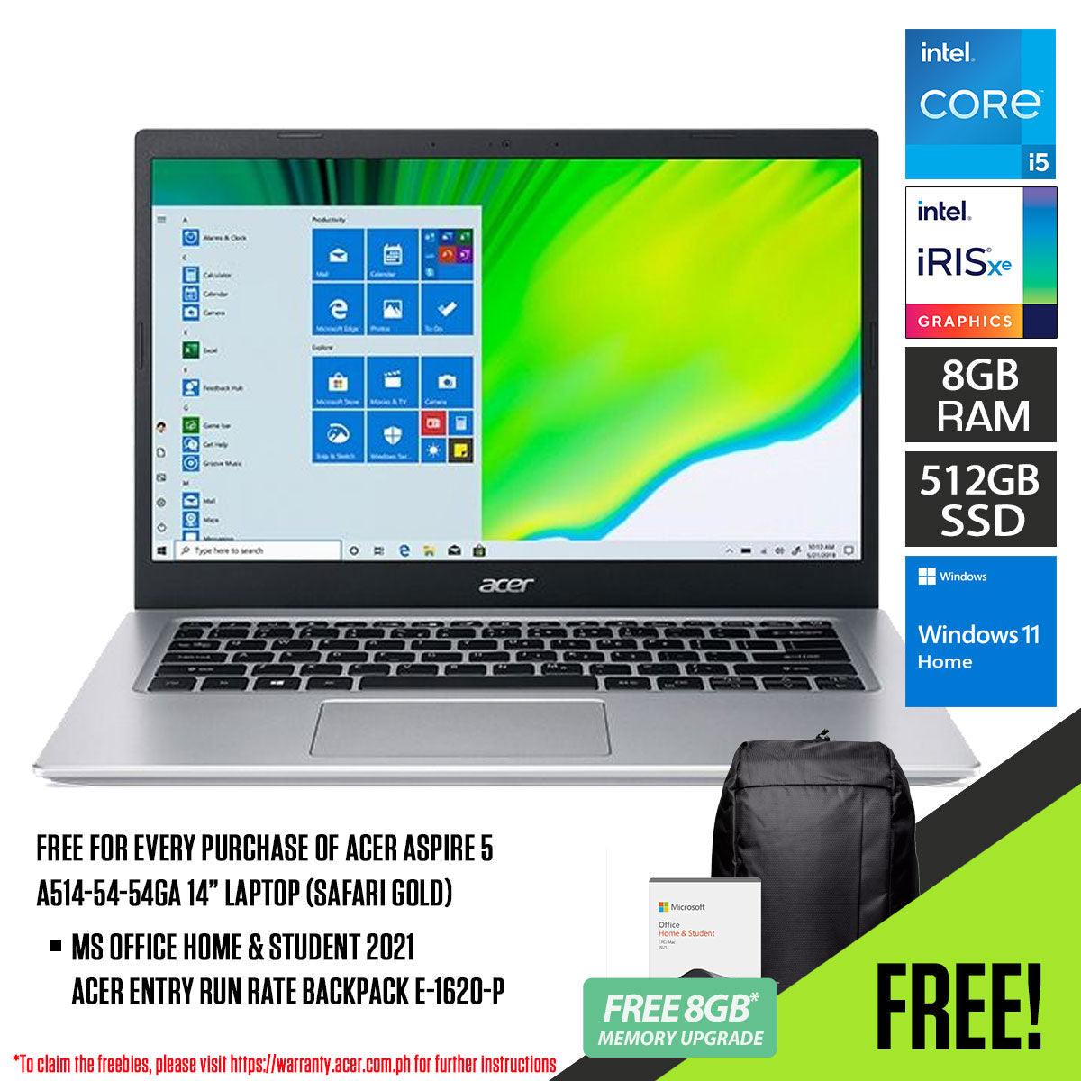 ACER ASPIRE 5 A514-54-54GA LAPTOP (SAFARI GOLD) | 14” | i5-1135G7 | 8GB DDR4 | 512GB SSD | IRIS X | WIN11 + MS OFFICE HOME & STUDENT 2021 + ACER ENTRY RUN RATE BACKPACK E-1620-P (LZBPKM6B12) - DataBlitz