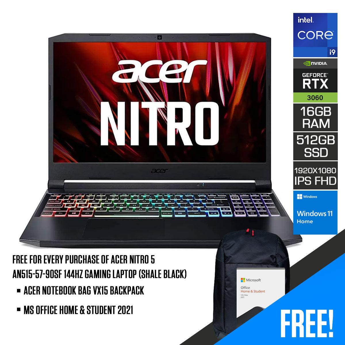 ACER NITRO 5 AN515-57-90SF 144HZ GAMING LAPTOP (SHALE BLACK) | 15.6" FHD | i9-11900H | 16GB DDR4 | 512GB SSD | RTX TM 3060 | WIN11 + ACER NOTEBOOK BAG VX15 BACKPACK - DataBlitz