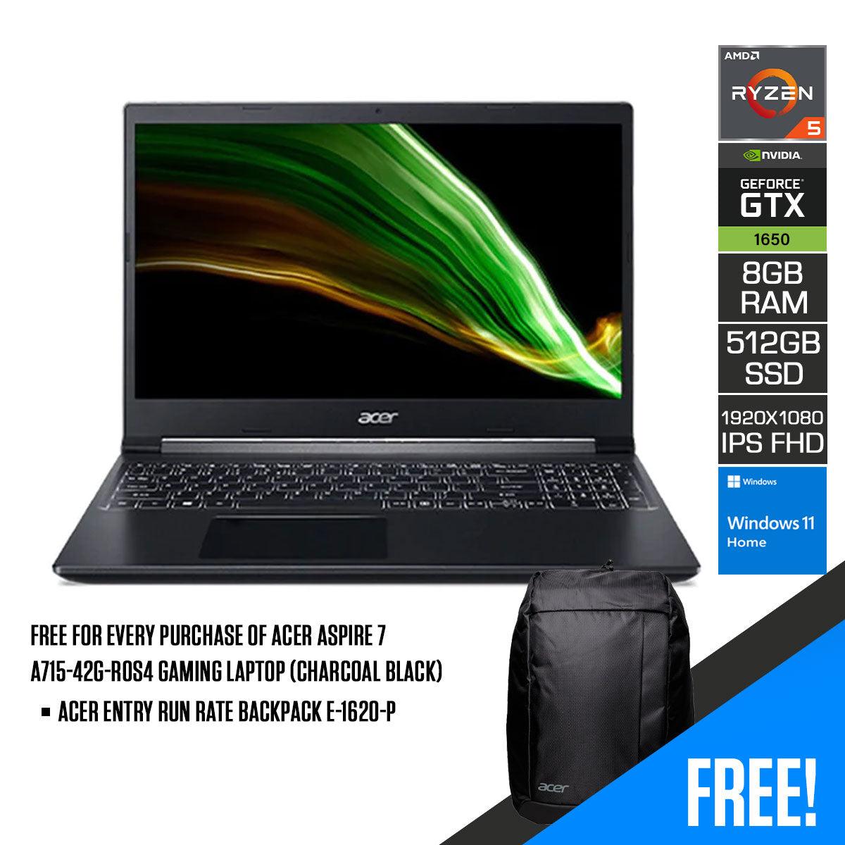 ACER Aspire 7 A715-42G-R0S4 Gaming Laptop (Charcoal Black) | 15.6" IPS 1920x1080 | AMD Ryzen 5 | 8 GB DDR4 | 512GB SSD | GTX 1650 | Windows 11 Home | ACER Entry Run Rate Backpack E-1620-P (LZBPKM6B12) - DataBlitz
