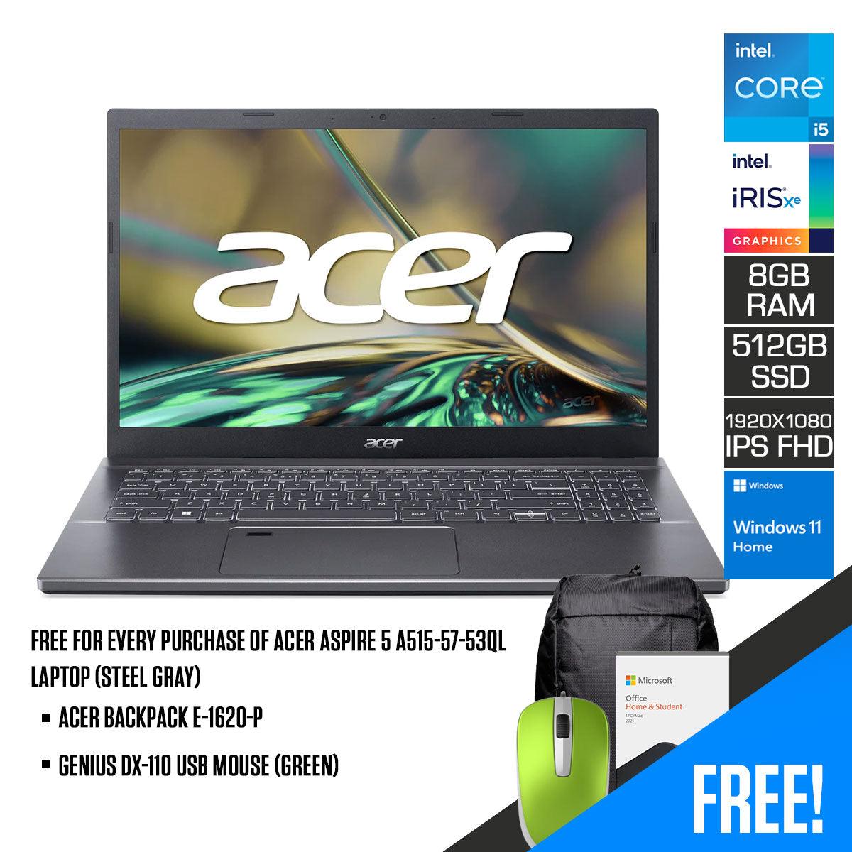 ACER Aspire 5 A515-57-53QL Laptop (Steel Gray) | 15.6" FHD 1920 x 1080 | i5-1235u | 8GB DDR4 | 512 GB SSD | Intel Iris Xe | Windows 11 Home | MS Office H&S 2021 | Genius DX-110 USB Mouse (Green) | Acer Backpack E-1620-P - DataBlitz