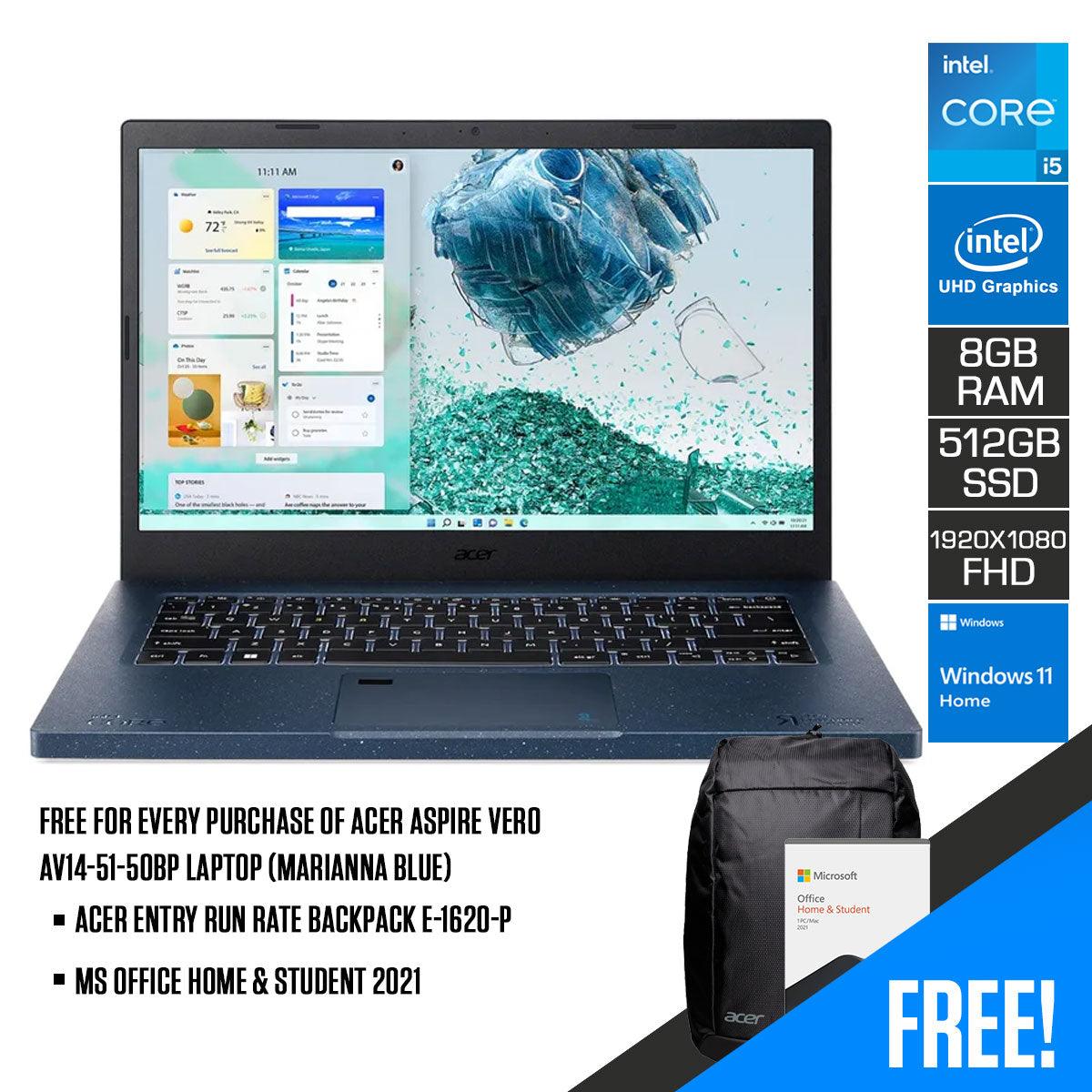 Ordinateur Portable Acer Aspire Vero AV14-51-509B EVO - I5 10e Gén, SSD 512 Go, Windows 11