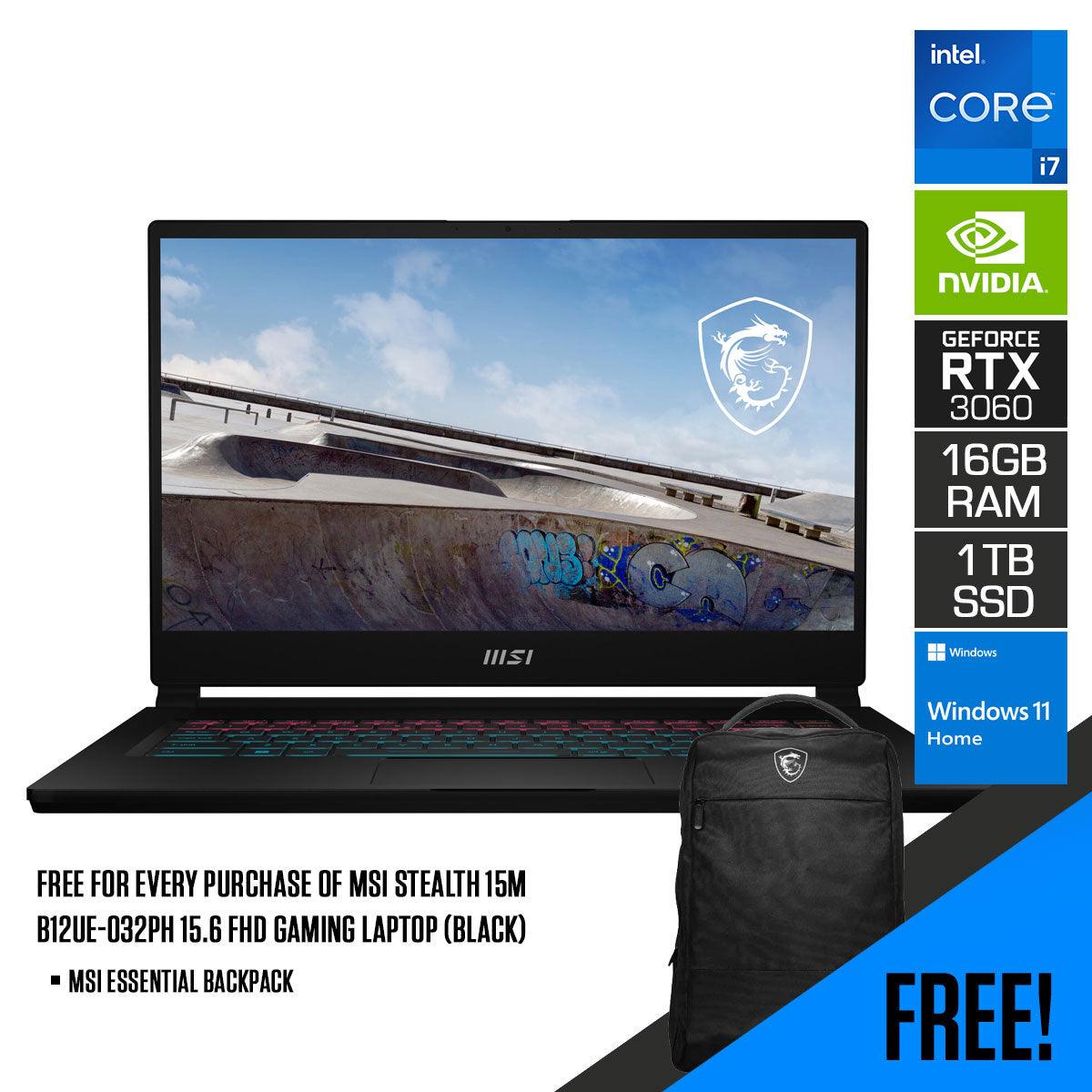 MSI Stealth 15M B12UE-032PH Gaming Laptop (Black) | 15.6 FHD | i7-1280P | 16GB DDR4 | 1TB SSD | RTX 3060 | Windows 11 | MSI Essential Backpack - DataBlitz