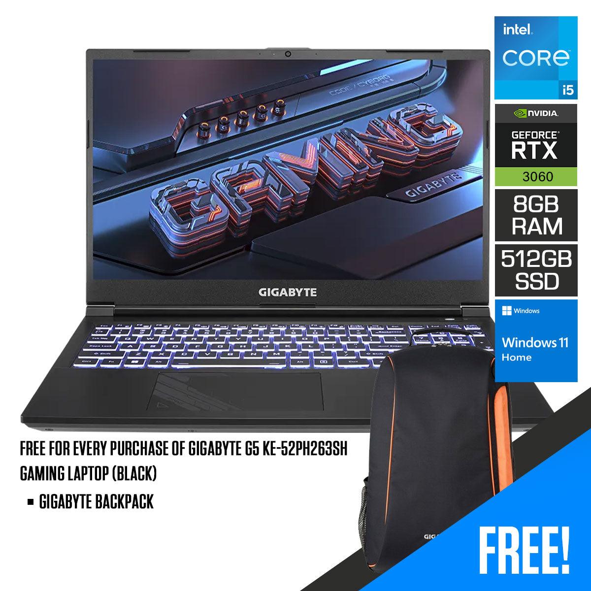 Gigabyte G5 KE-52PH263SH Gaming Laptop (Black) FHD i5-12500H 8GB DDR4 512GB SSD RTX 3060 Windows 11 Home Gigabyte Backpack