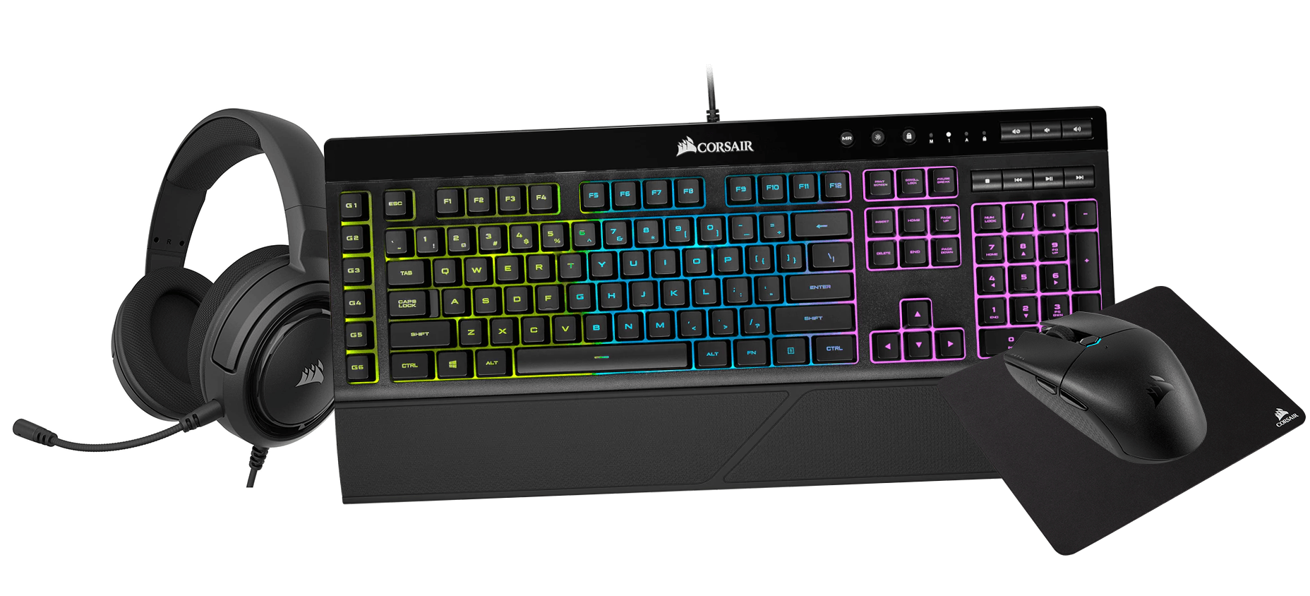 CORSAIR 4-IN-1 BUNDLE (HS35 STEREO GAMING HEADSET CARBON + K55 RGB GAMING KEYBOARD + KATAR PRO ULTRALIGHT GAMING MOUSE + MM100 CLOTH MOUSE PAD) - DataBlitz